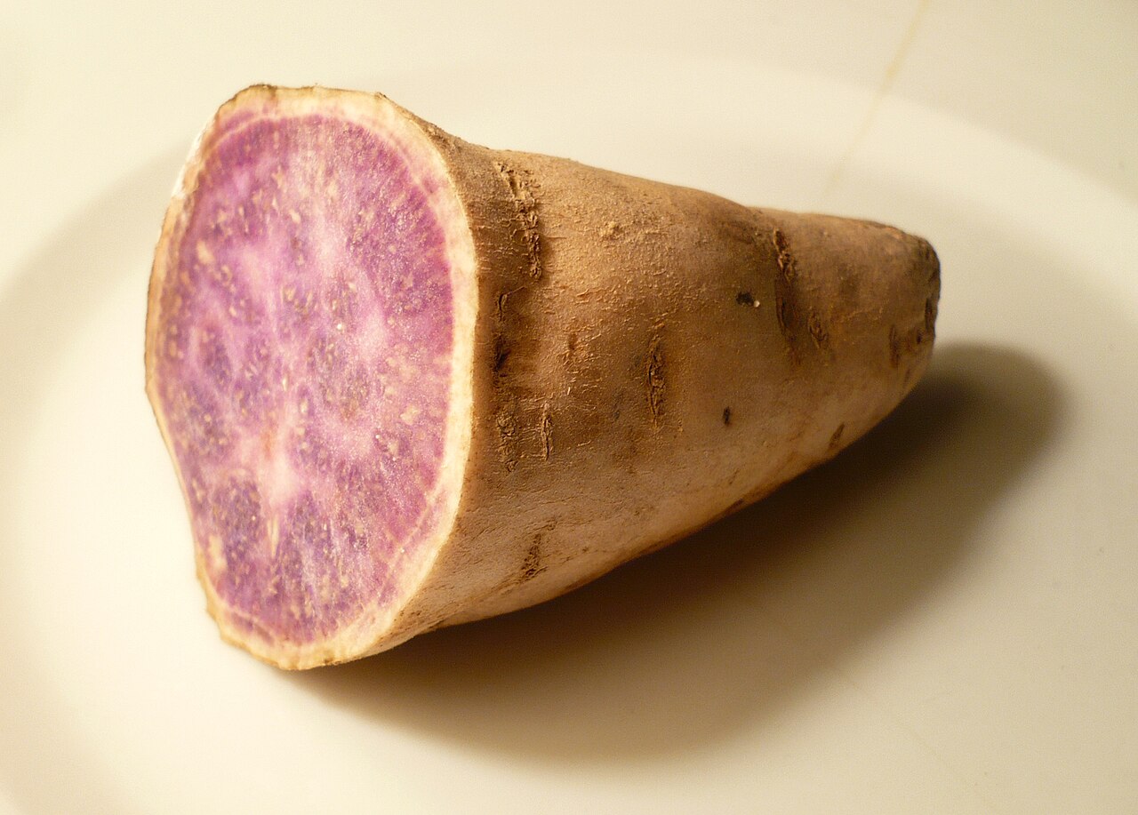 A purple yam (ube) sliced open to show its natural vivid purple flesh